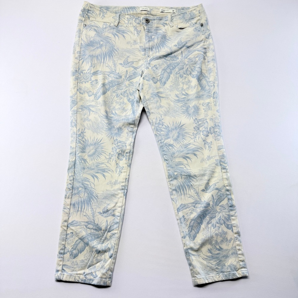 J. Jill Denim Authentic Fit Slim Ankle Jeans Blue Cream Tropical Toile Print 14